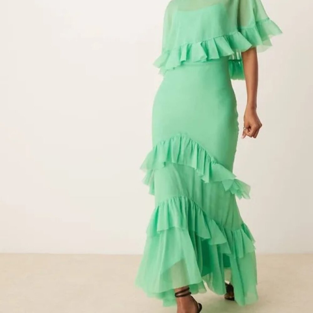 ASOS DESIGN cape overlay ruffle bias maxi dress in bright green
